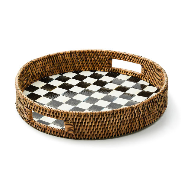 courtly check enamel & rattan round serving tray 238 courtly check enamel & rattan round serving tray 238