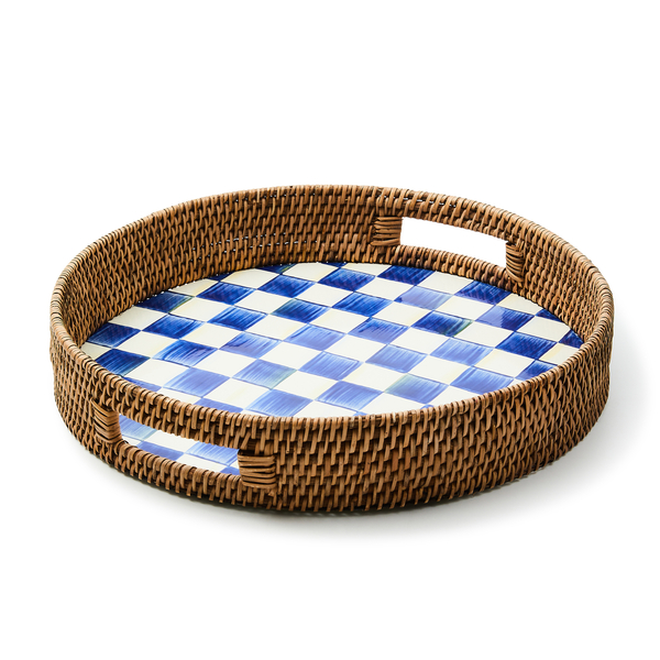 royal check enamel & rattan round serving tray 239 royal check enamel & rattan round serving tray 239