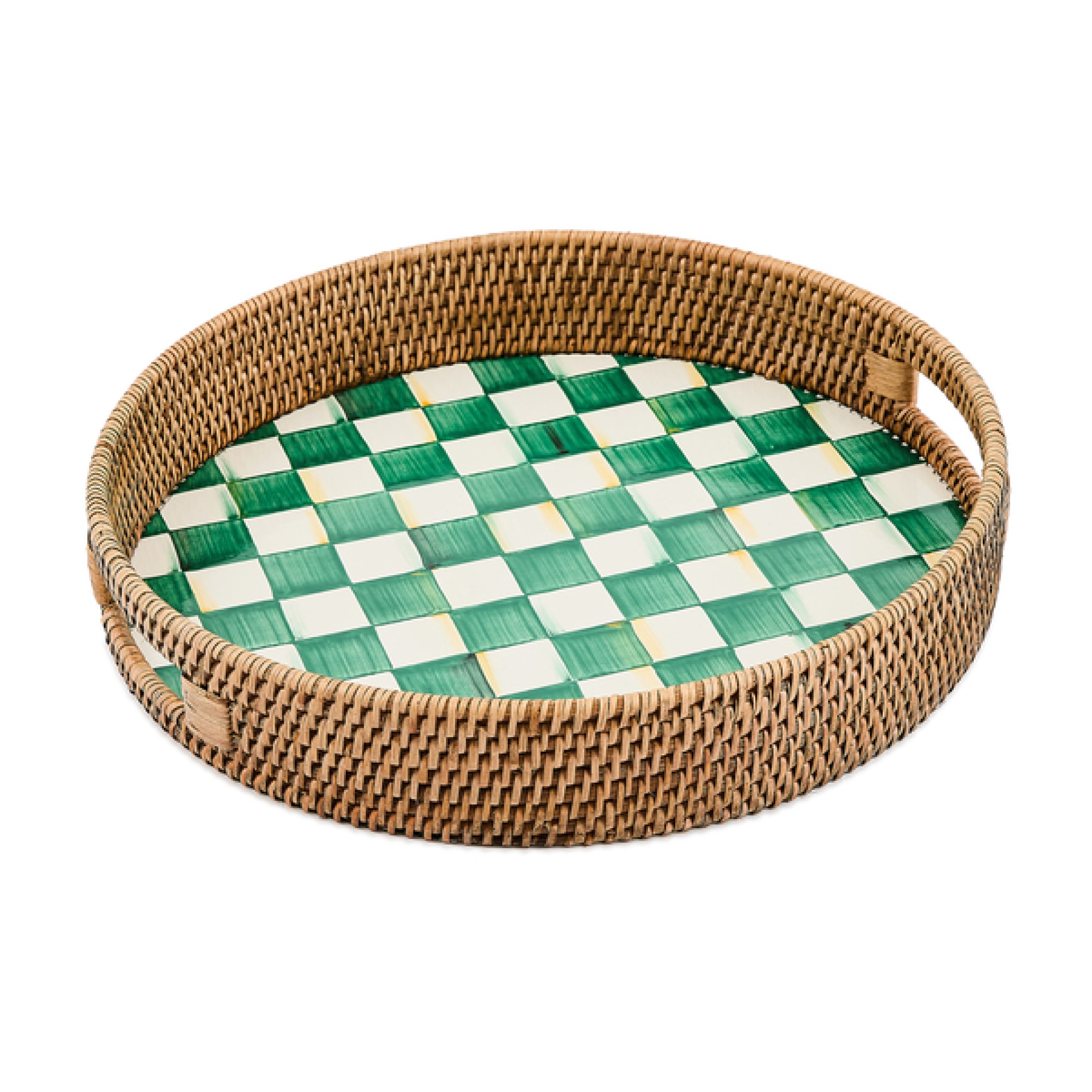 emerald check enamel & rattan round serving tray 80 emerald check enamel & rattan round serving tray 80