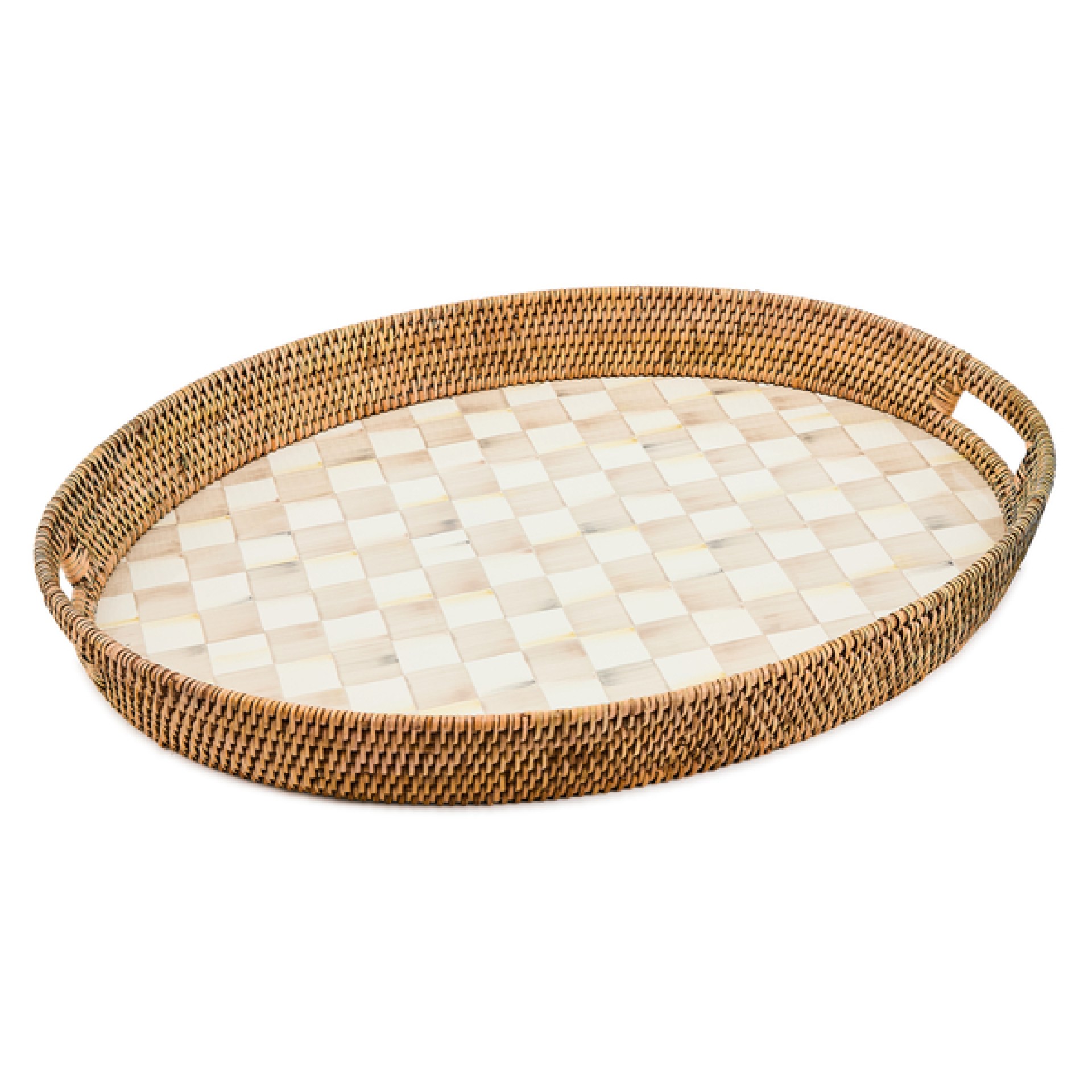 mocha check enamel & rattan party tray 40 mocha check enamel & rattan party tray 40