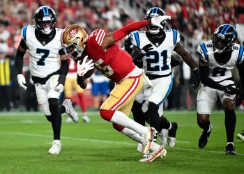 Jauan Jennings throws punch at Tre’Von Moehrig after cheap shot in 49ers’ win over Panthers Jauan Jennings throws punch at Tre’Von Moehrig after cheap shot in 49ers’ win over Panthers