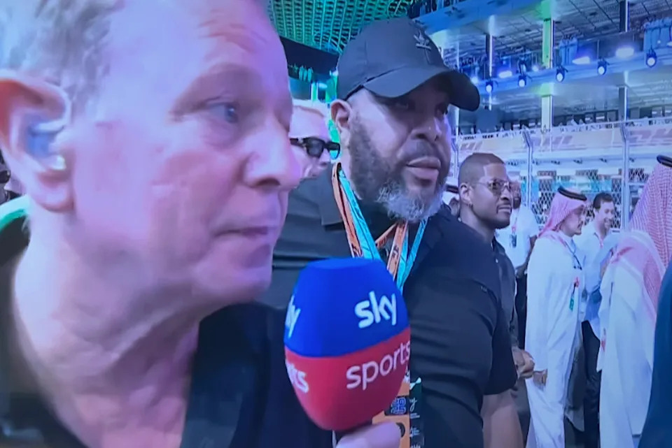 Martin Brundle shunned by Usher on F1 grid stroll in Saudi Arabia Martin Brundle shunned by Usher on F1 grid stroll in Saudi Arabia