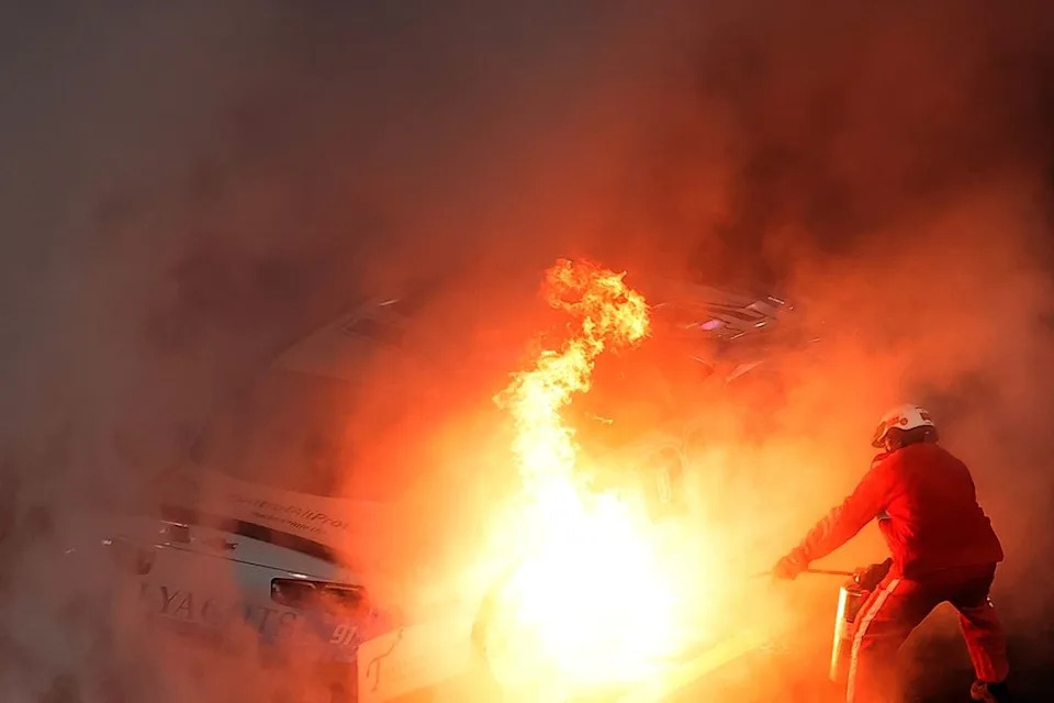 Automobile bursts into flames throughout NASCAR Bristol race after engine failure Automobile bursts into flames throughout NASCAR Bristol race after engine failure