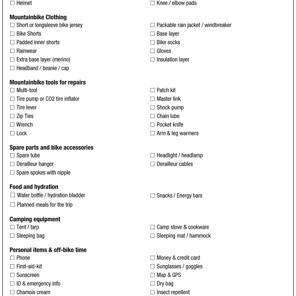 Mountain Biking Trip Packing List Mountain Biking Trip Packing List
