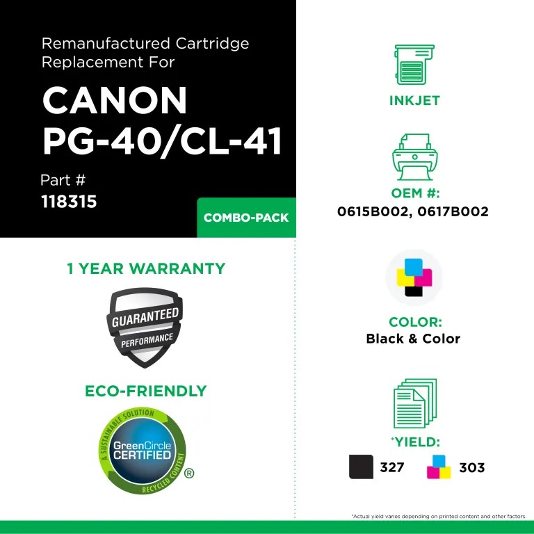 Clover Imaging Remanufactured Black, Color Ink Cartridges for Canon PG-40/CL-41
