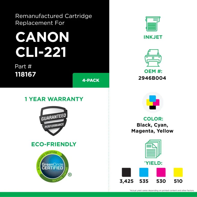 Clover Imaging Remanufactured Black, Cyan, Magenta, Yellow Ink Cartridges for Canon CLI-221 (2946B004) 4-Pack
