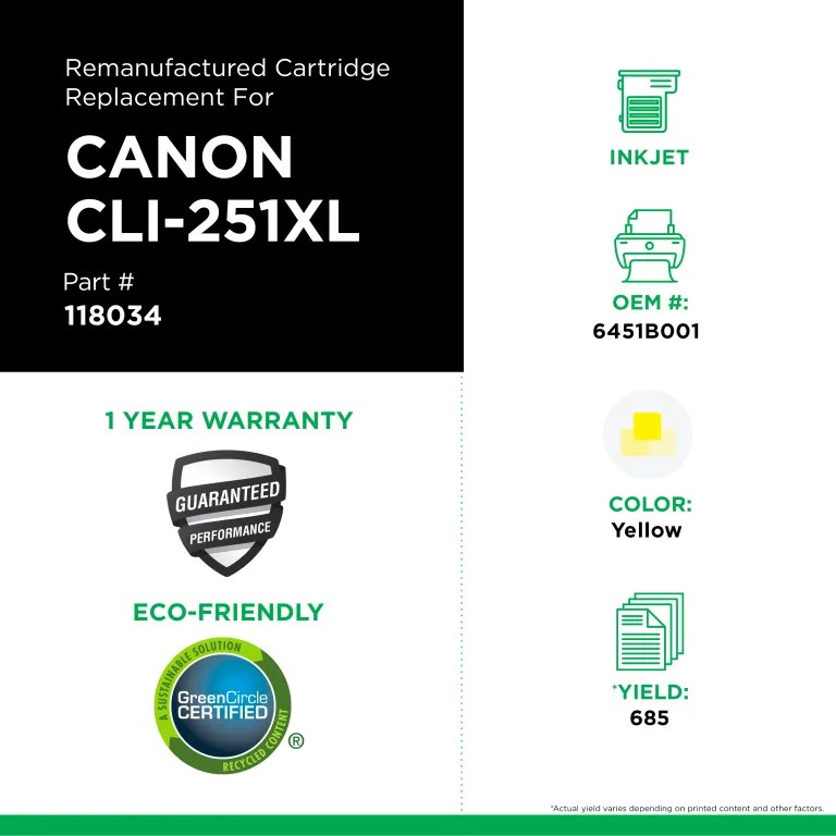 Clover Imaging Remanufactured High Yield Yellow Ink Cartridge for Canon CLI-251XL (6451B001)