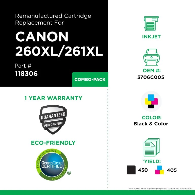Clover Imaging Remanufactured High Yield Black, Color Ink Cartridges for Canon PG-260XL/CL-261XL (3706C005) 2-Pack