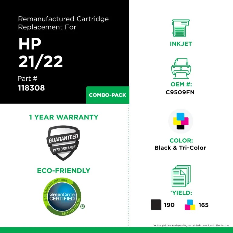 Clover Imaging Remanufactured Black, Tri-Color Ink Cartridges for HP 21/22 (C9509FN)