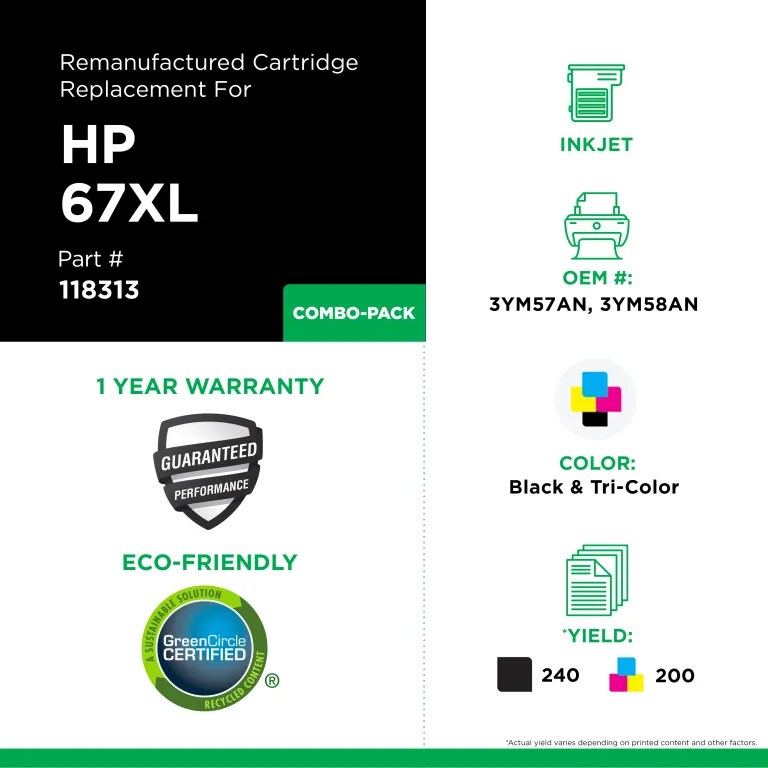 Clover Imaging Remanufactured High Yield Black, Tri-Color Ink Cartridges for HP 67XL 2-Pack