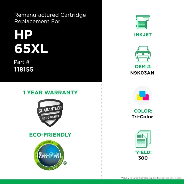 Clover Imaging Remanufactured High Yield Tri-Color Ink Cartridge for HP 65XL (N9K03AN)