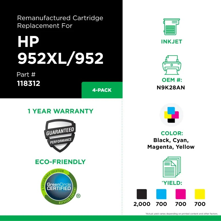 Clover Imaging Remanufactured Black High Yield, Cyan, Magenta, Yellow Ink Cartridges for HP 952XL/952 (N9K28AN) 4-Pack