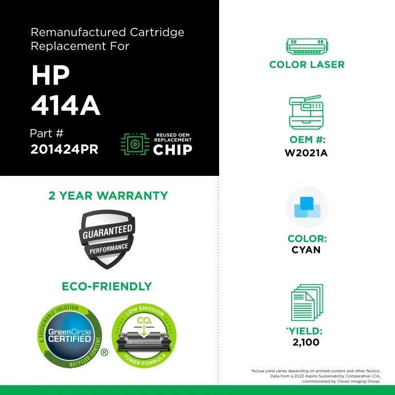 Clover Imaging Remanufactured Cyan Toner Cartridge (Reused OEM Chip) for HP 414A (W2021A)