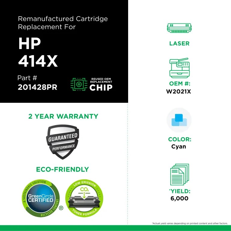 Clover Imaging Remanufactured High Yield Cyan Toner Cartridge (Reused OEM Chip) for HP 414X (W2021X)