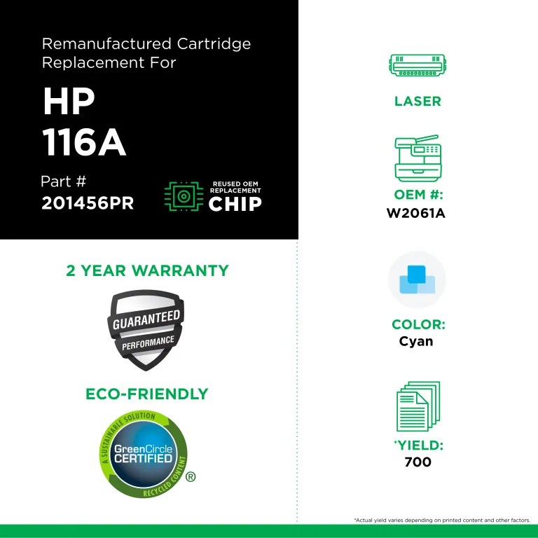 Clover Imaging Remanufactured Cyan Toner Cartridge (Reused OEM Chip) for HP 116A (HP W2061A)