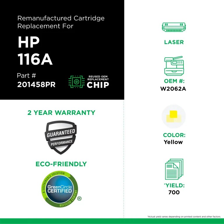 Clover Imaging Remanufactured Yellow Toner Cartridge (Reused OEM Chip) for HP 116A (HP W2062A)