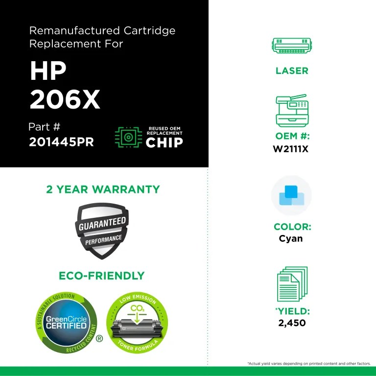 Clover Imaging Remanufactured High Yield Cyan Toner Cartridge (Reused OEM Chip) for HP 206X (W2111X)