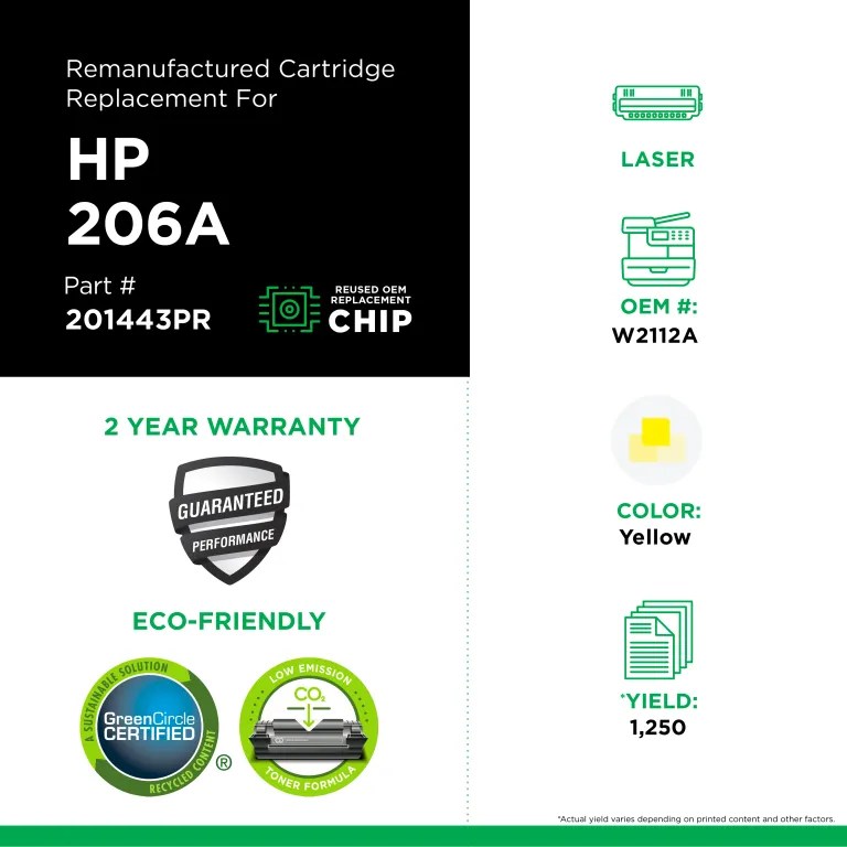 Clover Imaging Remanufactured Yellow Toner Cartridge (Reused OEM Chip) for HP 206A (W2112A)