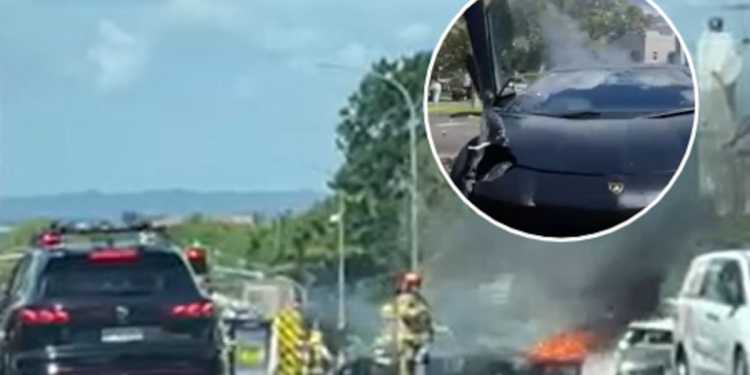 Lamborghini catches fire after crash on Remuera Rd, Auckland Lamborghini catches fire after crash on Remuera Rd, Auckland