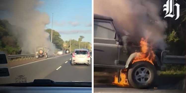 Auckland Southwestern Motorway car fire: Land Rover engulfed in flames caught on video Auckland Southwestern Motorway car fire: Land Rover engulfed in flames caught on video