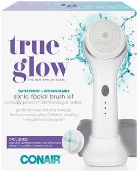 Conair True Glow Sonic Facial Brush Kit, Waterproof and Rechargeable with 2 Brush Heads and Cosmetic Storage Pouch Conair True Glow Sonic Facial Brush Kit, Waterproof and Rechargeable with 2 Brush Heads and Cosmetic Storage Pouch