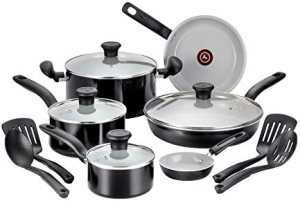 T-fal Initiatives Ceramic Non Stick Cookware Set 14 Piece, Oven Broiler Safe 350F, Kitchen Cooking Set W/Fry Pans, Saucepans, Dutch Oven, Utensils, Healthy Cooking, Pots and Pans, Home, Black