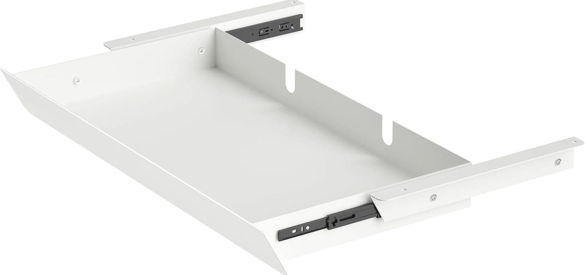 White Large Under Desk Mounted Sliding Drawer with 2 Cable Hole and 60 Degree Tilt Panel to Pull Out, 22.4” Long & 9.2” deep Large Storage Organizer for Sit Stand Workstation White Large Under Desk Mounted Sliding Drawer with 2 Cable Hole and 60 Degree Tilt Panel to Pull Out, 22.4” Long & 9.2” deep Large Storage Organizer for Sit Stand Workstation