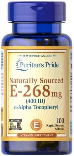 Puritan’s Pride Vitamin E-268mg (400IU) D-Alpha Tocopheryl, Vitamin Supplement for Immune System Function and Antioxidant Health Support, 100 Rapid Release Softgels Puritan’s Pride Vitamin E-268mg (400IU) D-Alpha Tocopheryl, Vitamin Supplement for Immune System Function and Antioxidant Health Support, 100 Rapid Release Softgels
