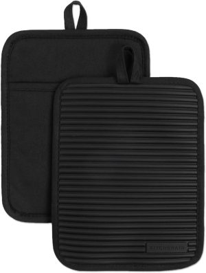 KITCHENAID Ribbed Soft Silicone Pot Holder 2-Pack Set, Matte Black, 7″x9″