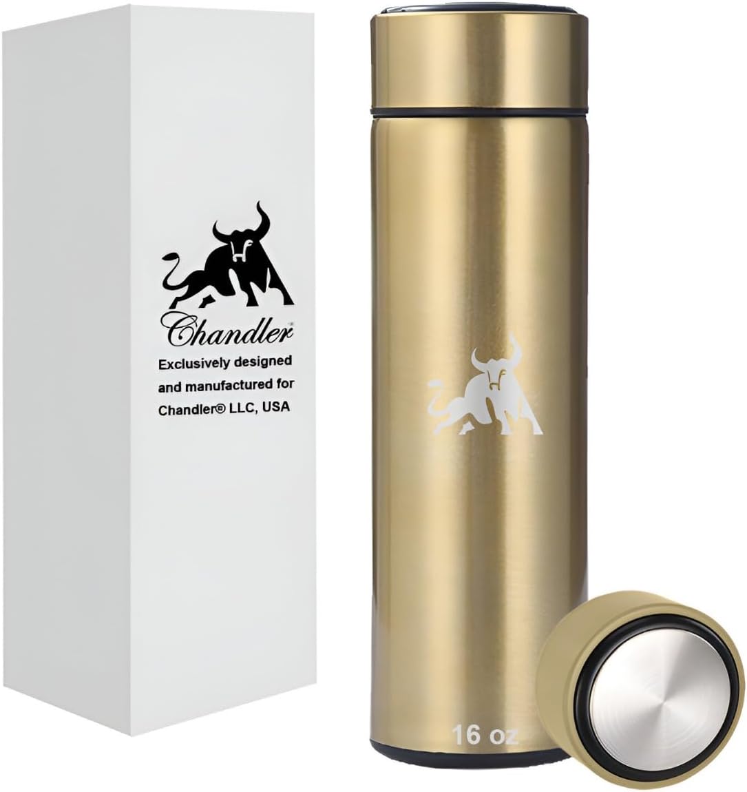 Chandler Stainless Steel Vacuum Bottle 16 OZ – Insulated for Hot and Cold Coffee, Tea & Beverages – Fits in Cars Holders – Spill-Free Travel Mug with Press-In Lid – Gold Chandler Stainless Steel Vacuum Bottle 16 OZ – Insulated for Hot and Cold Coffee, Tea & Beverages – Fits in Cars Holders – Spill-Free Travel Mug with Press-In Lid – Gold