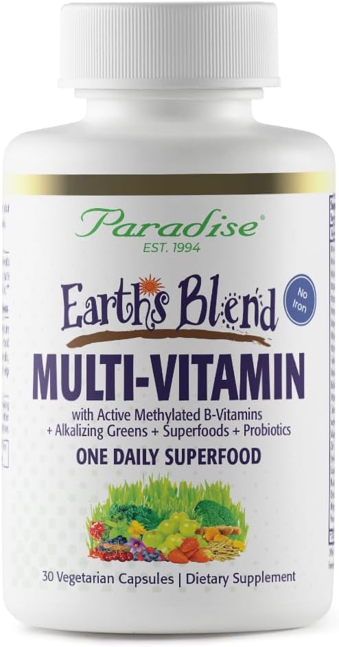 Paradise Herbs Earth’s Blend Once Daily Multivitamin for Men, No Iron, 48 Organic Superfoods, Probiotics, Antioxidants, Vitamins A, B12, C, D, K2, 30 Count Paradise Herbs Earth’s Blend Once Daily Multivitamin for Men, No Iron, 48 Organic Superfoods, Probiotics, Antioxidants, Vitamins A, B12, C, D, K2, 30 Count