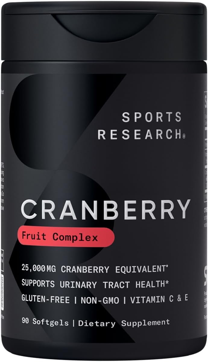 Sports Research Cranberry Fruit Complex Supplement – Softgels for Urinary Tract Health Support – Equal to 25,000mg of Cranberries, Made with Pacran & Vitamins C & E – Non-GMO & Gluten Free – 90 Count Sports Research Cranberry Fruit Complex Supplement – Softgels for Urinary Tract Health Support – Equal to 25,000mg of Cranberries, Made with Pacran & Vitamins C & E – Non-GMO & Gluten Free – 90 Count