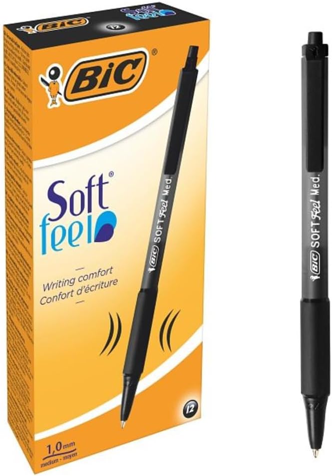 BIC Soft Feel Black Retractable Ballpoint Pens, Medium Point (1.0mm), 12-Count Pack, Black Pens With Soft-Touch Comfort Grip BIC Soft Feel Black Retractable Ballpoint Pens, Medium Point (1.0mm), 12-Count Pack, Black Pens With Soft-Touch Comfort Grip