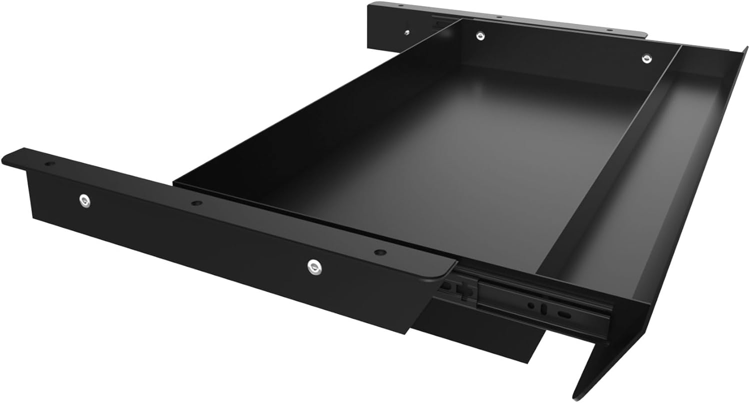 Large Under Desk Mounted Sliding Drawer with Pencil Tray and 60 Degree Tilt Panel to Pull Out, 22” Long & 13” deep Large Storage Organizer for Sit Stand Workstation Large Under Desk Mounted Sliding Drawer with Pencil Tray and 60 Degree Tilt Panel to Pull Out, 22” Long & 13” deep Large Storage Organizer for Sit Stand Workstation