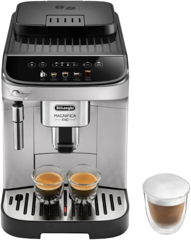 De’Longhi Magnifica Evo Automatic Machine Bean to Cup Espresso Cappuccino and Iced Coffee Maker, with Automatic Milk Frother, Colored Touch Display, Built-in Grinder, Black, Silver (Renewed) De’Longhi Magnifica Evo Automatic Machine Bean to Cup Espresso Cappuccino and Iced Coffee Maker, with Automatic Milk Frother, Colored Touch Display, Built-in Grinder, Black, Silver (Renewed)