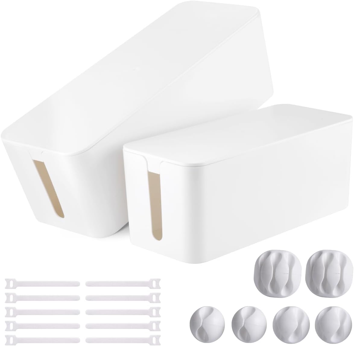 Cable Management Box, 2 Pack Large & Medium Cable Organizer Box with 17 PCS Cable Management Set, Cord Organizer Box to Hide Surge Protector on Desk or Floor (White) Cable Management Box, 2 Pack Large & Medium Cable Organizer Box with 17 PCS Cable Management Set, Cord Organizer Box to Hide Surge Protector on Desk or Floor (White)