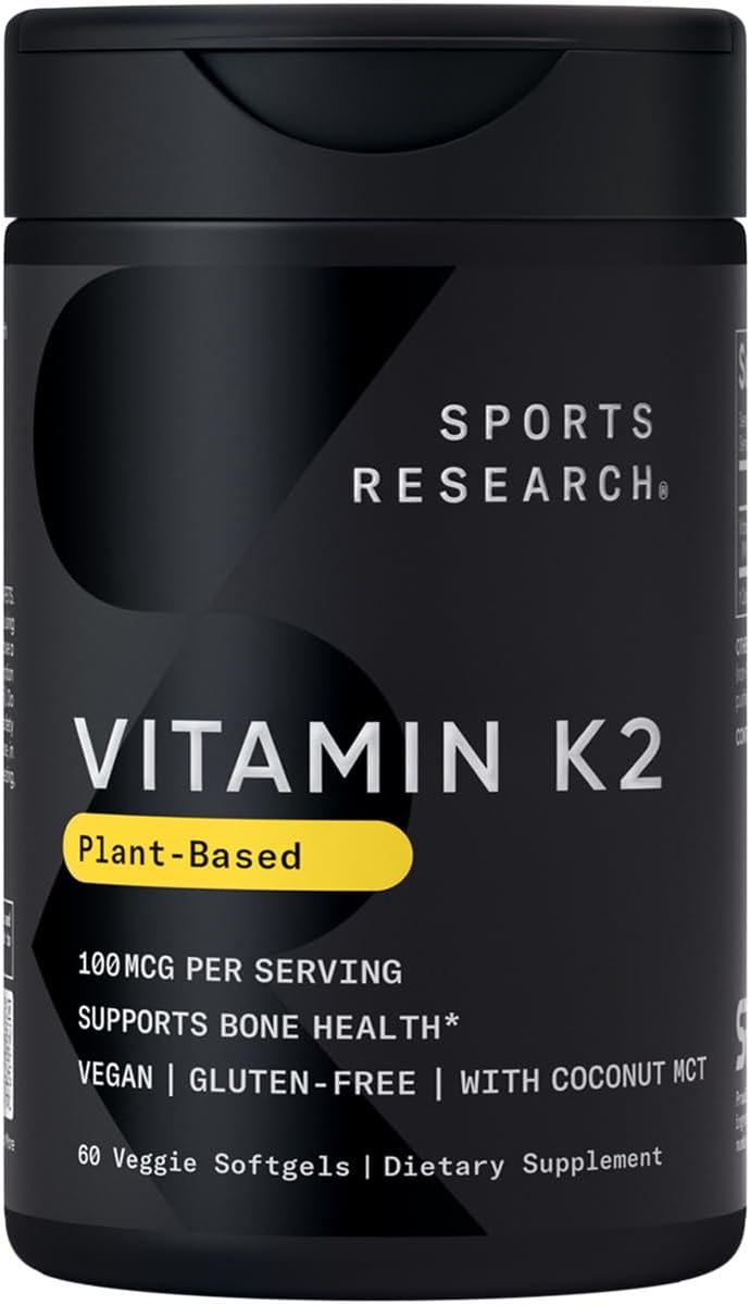 Sports Research Vitamin K2 as MK7 with Organic Coconut MCT Oil | Non-GMO Verified, Vegan Certified (60 Veggie-Softgels) Sports Research Vitamin K2 as MK7 with Organic Coconut MCT Oil | Non-GMO Verified, Vegan Certified (60 Veggie-Softgels)