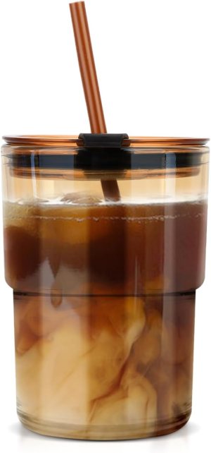 13oz Tumbler Water Glass Cups with Straw and Lid, 1 Pack Reusable Glass Coffee Tumbler for Iced Tea, Coffee, Sealed Carry-On Travel Cups for Office, Party, Camping and Outdoor