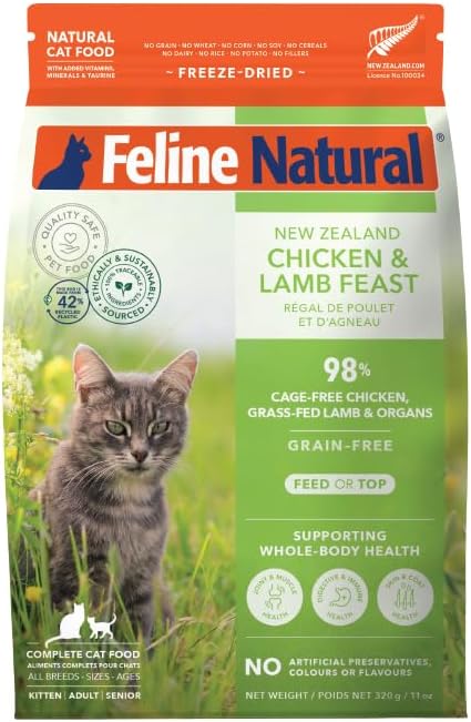 Feline Natural Grain-Free Freeze Dried Cat Food – Chicken & Lamb Feast, 11 Ounce – High Protein Cat Food from New Zealand, Natural Ingredients, Supports Digestive Health & Energy Feline Natural Grain-Free Freeze Dried Cat Food – Chicken & Lamb Feast, 11 Ounce – High Protein Cat Food from New Zealand, Natural Ingredients, Supports Digestive Health & Energy