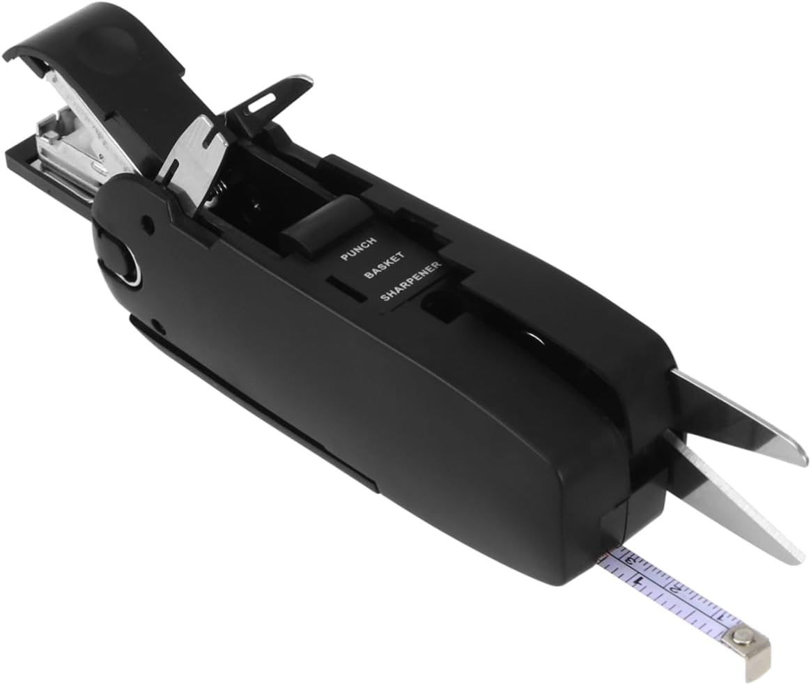 Multifunctional One Office Tool Set with Scissors Screwdriver Flexible Ruler Pencil Sharpener Stapler Puncher Nail Puller Stainless Steel Black Multifunctional One Office Tool Set with Scissors Screwdriver Flexible Ruler Pencil Sharpener Stapler Puncher Nail Puller Stainless Steel Black