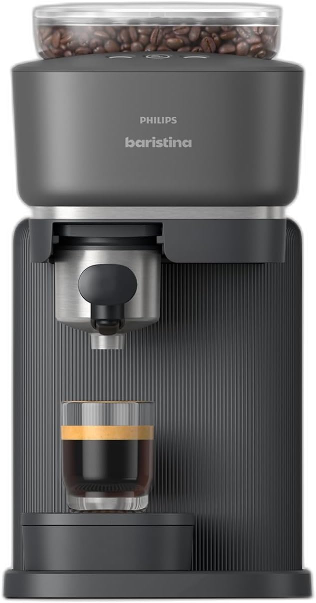 Philips Baristina Espresso Machine, Grind, Tamp & Brew Coffee Beans in One Swipe, Compact, 16 Bar Pump Pressure, Automatic Grinder, Black with Black Portafilter (BAR300/60) Philips Baristina Espresso Machine, Grind, Tamp & Brew Coffee Beans in One Swipe, Compact, 16 Bar Pump Pressure, Automatic Grinder, Black with Black Portafilter (BAR300/60)
