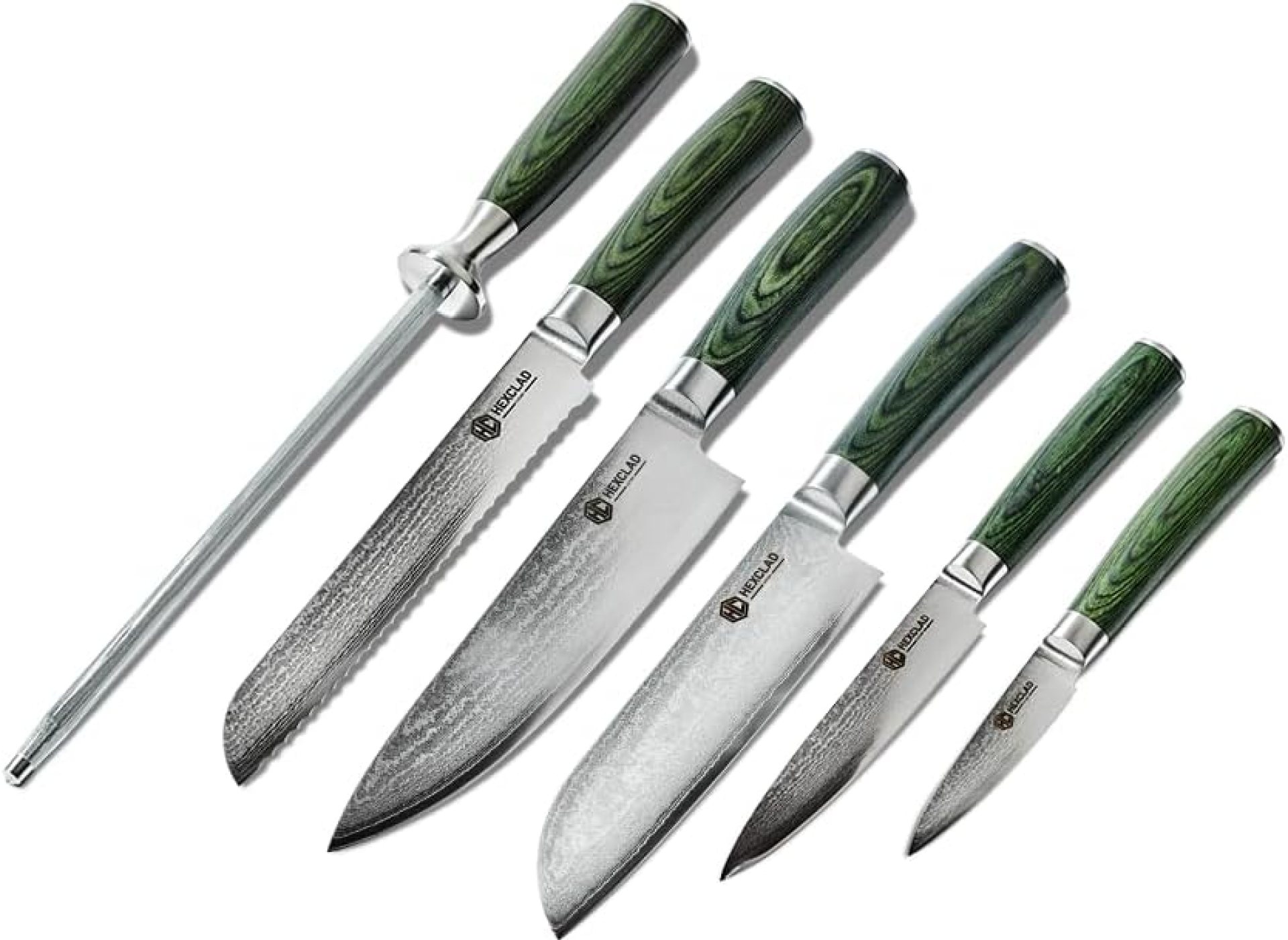 HexClad Essential Knife Set, 6-Piece, Japanese Damascus Stainless Steel Blades, Full Tang Construction, Pakkawood Handles HexClad Essential Knife Set, 6-Piece, Japanese Damascus Stainless Steel Blades, Full Tang Construction, Pakkawood Handles