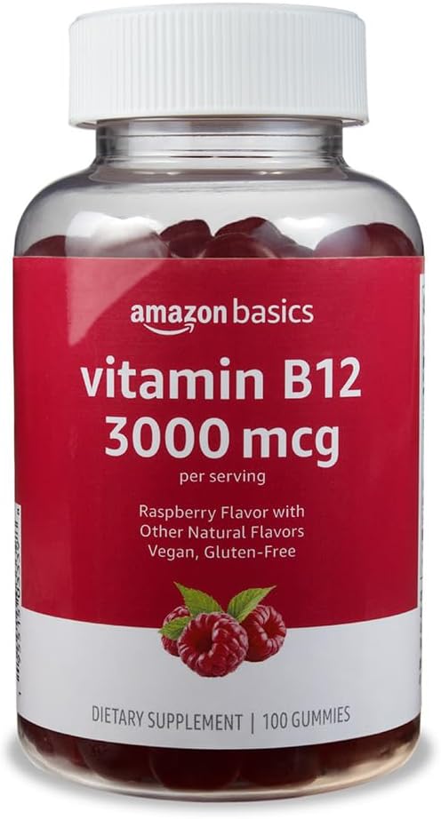 Amazon Basics Vitamin B12 3000 mcg Gummies, Normal Energy Production and Metabolism, Immune System Support, Raspberry, 100 Count (2 per serving) (Previously Solimo) Amazon Basics Vitamin B12 3000 mcg Gummies, Normal Energy Production and Metabolism, Immune System Support, Raspberry, 100 Count (2 per serving) (Previously Solimo)