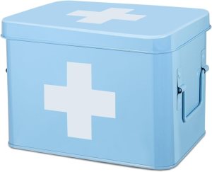 Flexzion First Aid Organizer, 8.5 Inch Blue Vintage Metal Kit Tin With Dividers, Removable Tray and Cross Logo – Empty Medical Storage Container