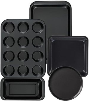 Nonstick Baking Pans Set for Oven, 5-Piece Bakeware Kit with Round & Square Cake Pan, Muffin Pan, Loaf Pan, Baking Sheets by QUDUME Kitchen Cookware Baking Supplies