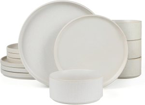Famiware Star Dinnerware Sets, Plates and Bowls Set for 4, 12 Pieces Dishes – Chip and Scratch Resistant, Microwave and Dishwasher Safe Kitchen Set, Matte White