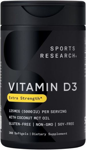 Sports Research Vitamin D3 5000iu (125mcg) with Coconut Oil ~ High Potency Vitamin D for Immune & Bone Support ~ Non-GMO Verified, Gluten & Soy Free (360 Mini-Liquid Softgels)