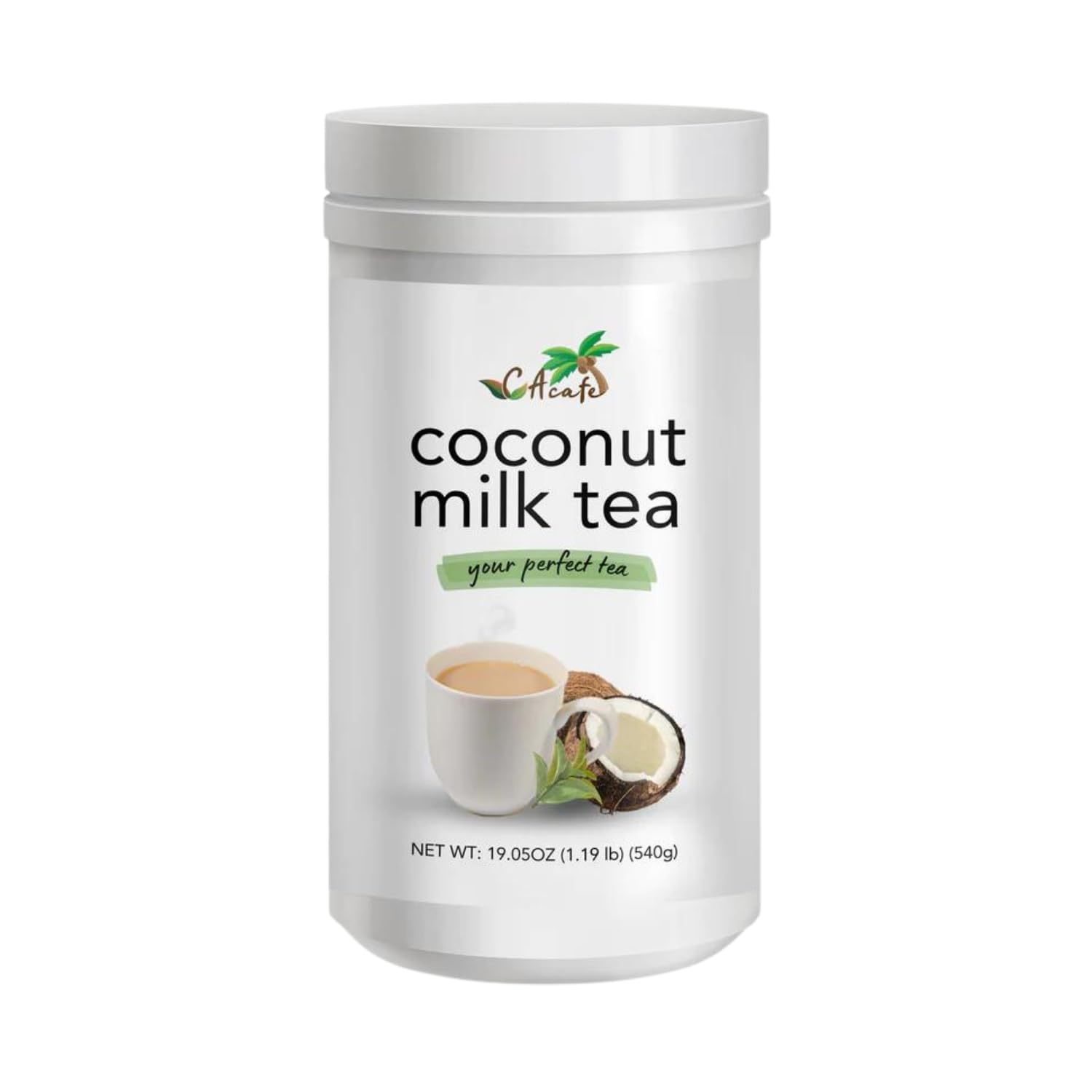 CAcafe Coconut Tea, Coconut Infused Green Tea, Creamy Drink Mix, Make Iced or Hot, Packed with Antioxidants, Natural Energy and Stress Relief 19.05oz CAcafe Coconut Tea, Coconut Infused Green Tea, Creamy Drink Mix, Make Iced or Hot, Packed with Antioxidants, Natural Energy and Stress Relief 19.05oz