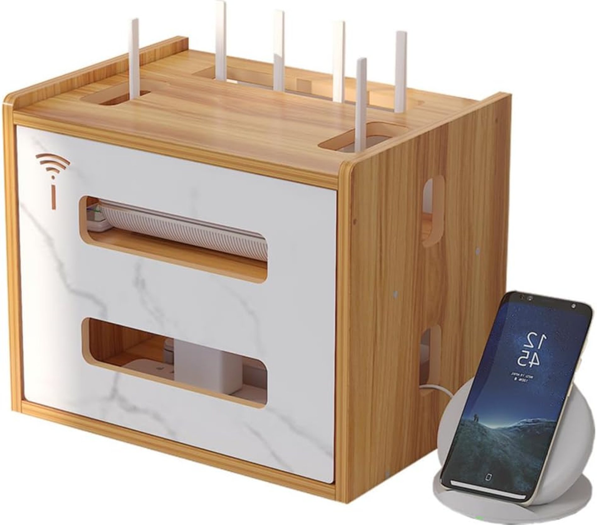 Wooden Router Shelf, Desktop WiFi Router Storage Box Modem Rack Router Cover Power Strip and Cable Management Hider Organizer for Office and Home (Cherry Wood) Wooden Router Shelf, Desktop WiFi Router Storage Box Modem Rack Router Cover Power Strip and Cable Management Hider Organizer for Office and Home (Cherry Wood)