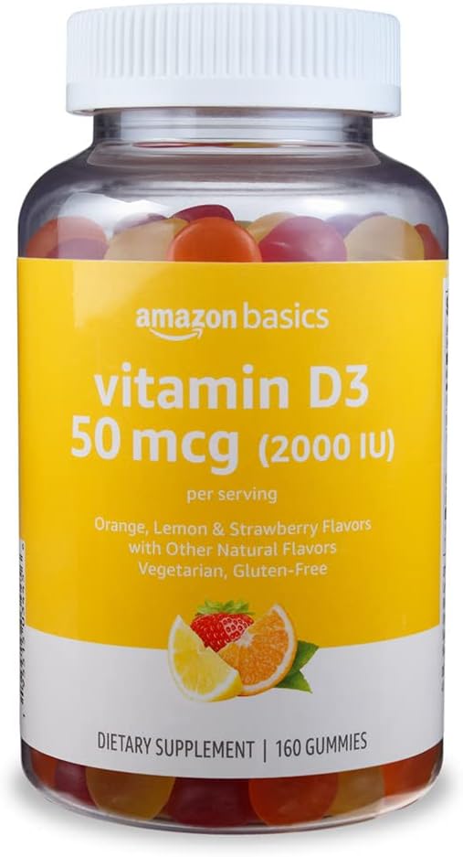 Amazon Basics Vitamin D3 2000 IU Gummies, Orange, Lemon & Strawberry, 160 Count (2 per Serving) (Previously Solimo) Amazon Basics Vitamin D3 2000 IU Gummies, Orange, Lemon & Strawberry, 160 Count (2 per Serving) (Previously Solimo)